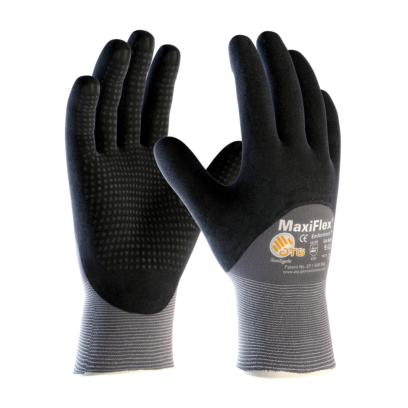 G-TEK MAXIFLEX ENDURANCE,
NITRILE DOTTED PALM, BLACK
MICRO-FOAM NITRILE COATED
PALM, FULL FINGER &amp; KNUCKLES
COATED ON GRAY SEAMLESS