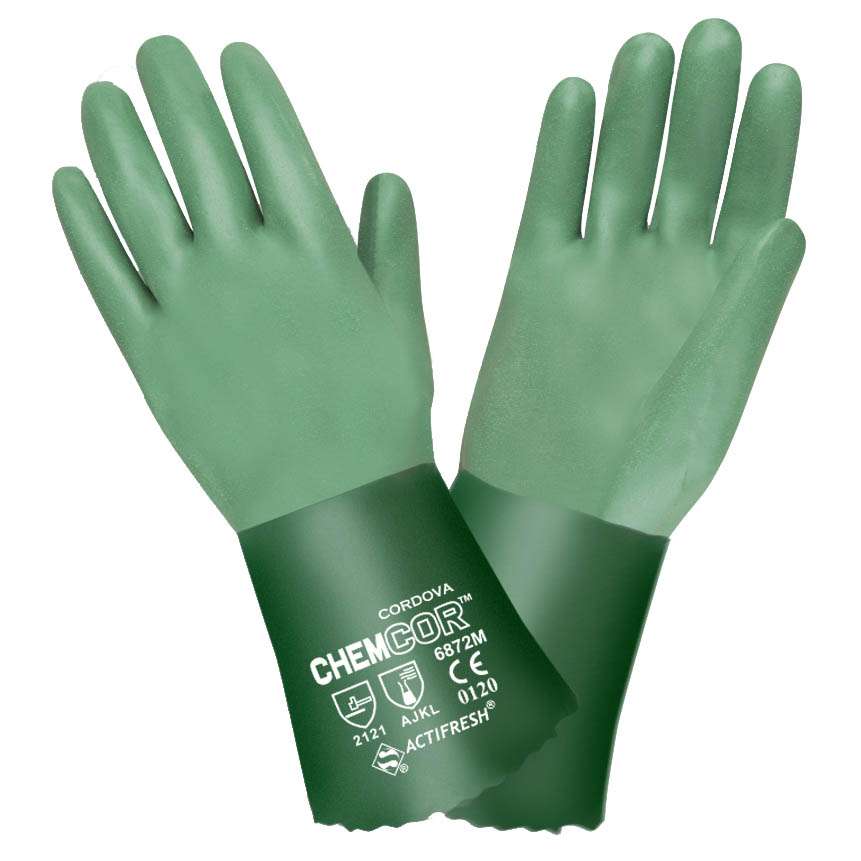 CHEM-COR GREEN DOUBLE DIPPED NEOPRENE, SANDPAPER GRIP,