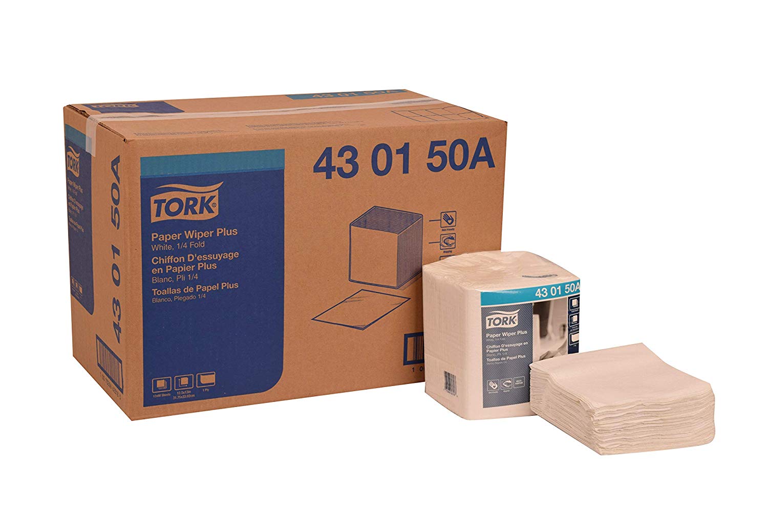 Tork Paper Wiper Plus, 1/4 
Fold, 1-Ply, 12.5&quot; Width x 
13.0&quot; Length, White (Case of 
12 Packs, 90 per Pack, 1080 
Wipers per Case) 56/PLT