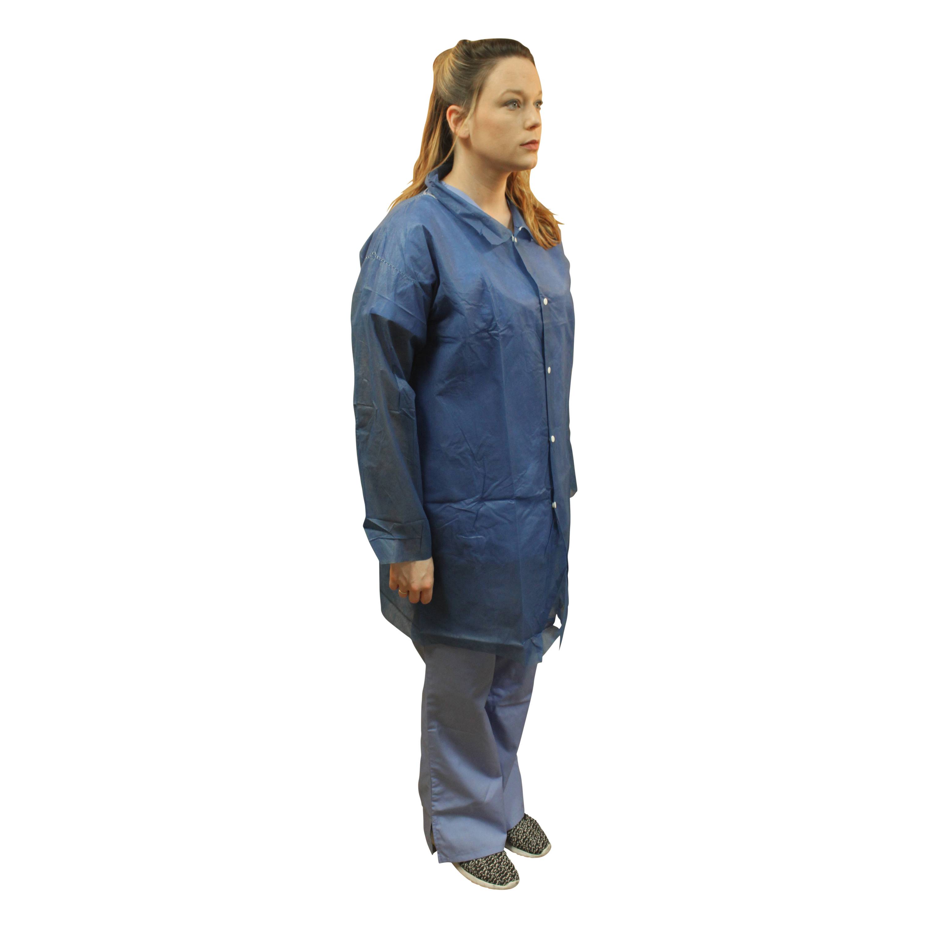 PolyLite (Polypropylene) 
Lab coat Snap Front No Pockets 
Long Sleeve Open Wrists, Navy 
Blue, Large 30/CASE
