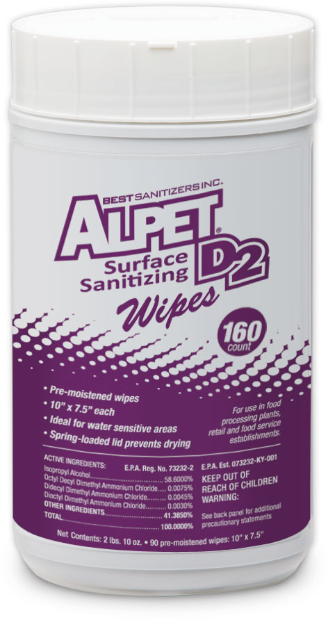 Alpet D2 Surface Sanitizing
Wipes 6x160 Count Canisters 
50/CASES PLT