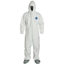 DuPont™ Tyvek&#174; Coverall,
Comfort Fit Design,
Respirator Fit Hood, Elastic
Wrists, Attached
Skid-Resistant Boots, Elastic
Waist, Serged Seams, White (L)